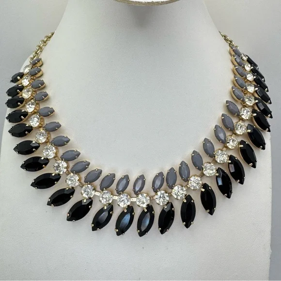 Premier Designs Crystal Statement Necklace Gold Tone Black Gray Bib - Picture 1 of 8